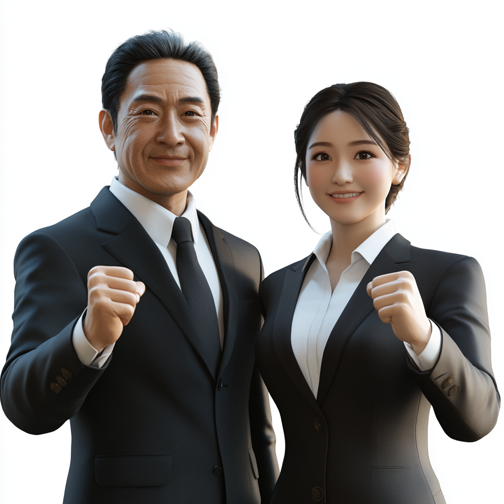 two Japanese businesspeople celebrating success with fist pumps