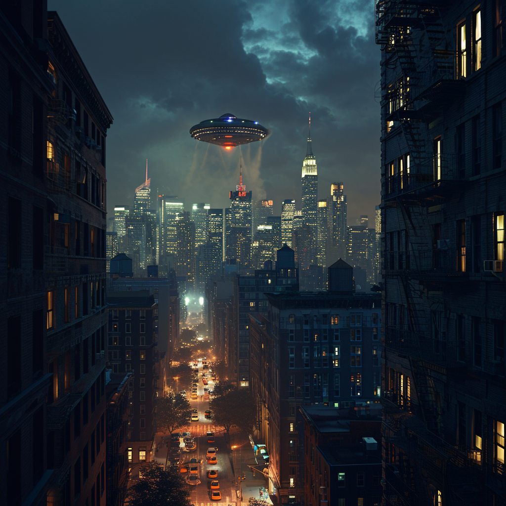 4. Dark night view of alien mothership above NYC