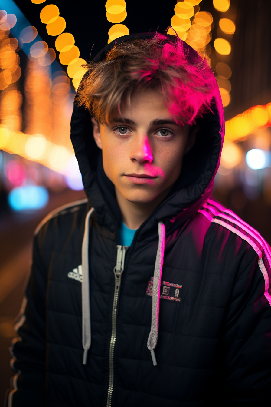 4. Elite teen with soulful gaze in black adidas hoodie.