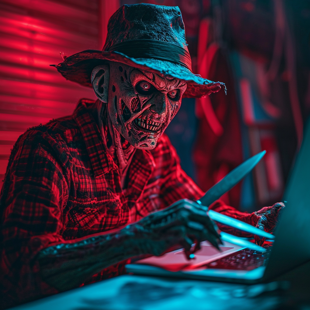 4. Freddy Krueger working on laptop, with knife hands