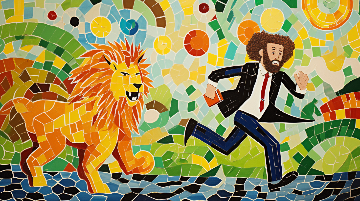 Businessman Chasing Leprechaun with Lion