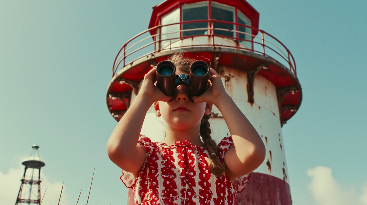 4. Girl looking through binoculars on top of lighthouse