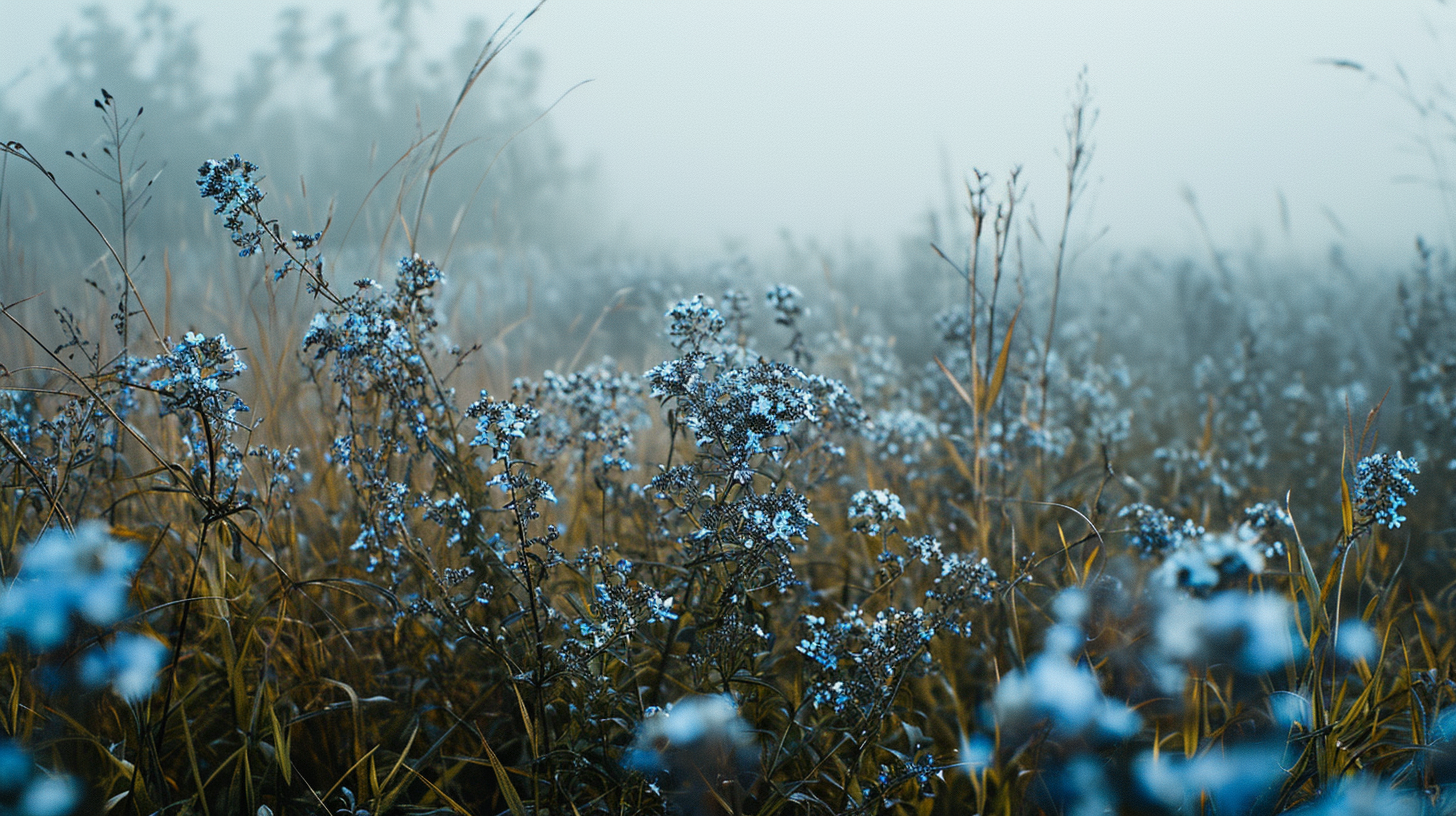 4. Lovely blue flowers in a foggy field