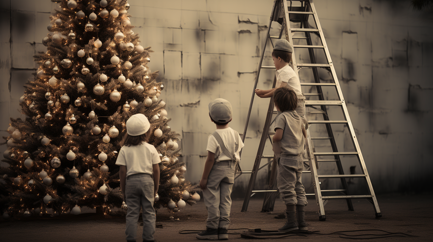 4. Children decorating large outdoor Christmas tree