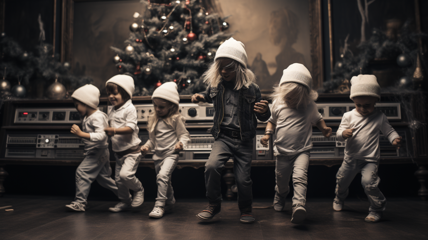 4. Children dancing with Santa hats ?