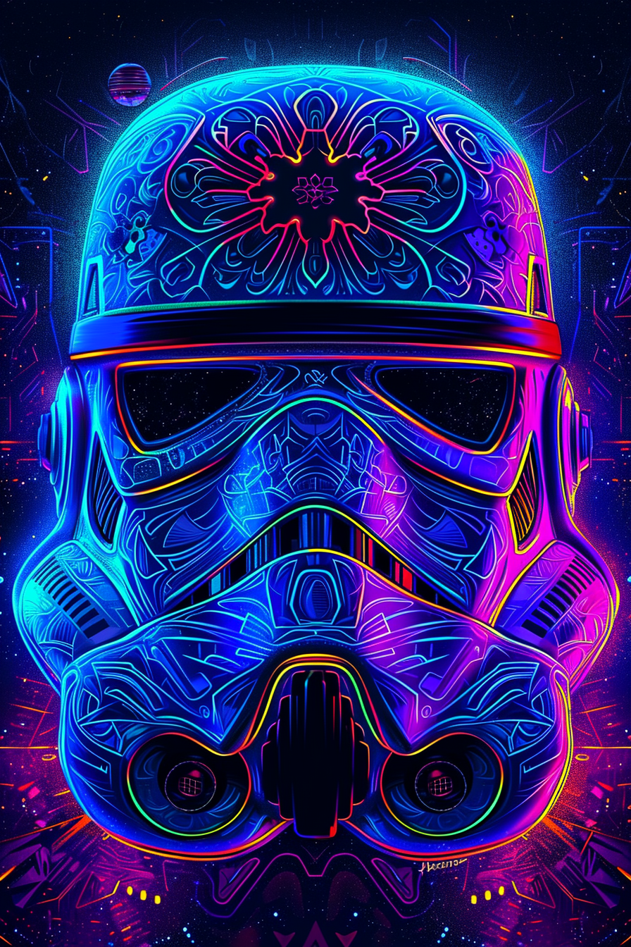 4. Intricate stormtrooper helmet artwork glowing in neon lights.