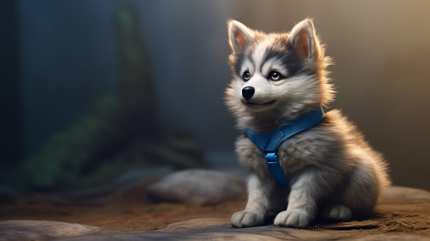 4. Lovable Pomsky with blue harness and captivating eyes