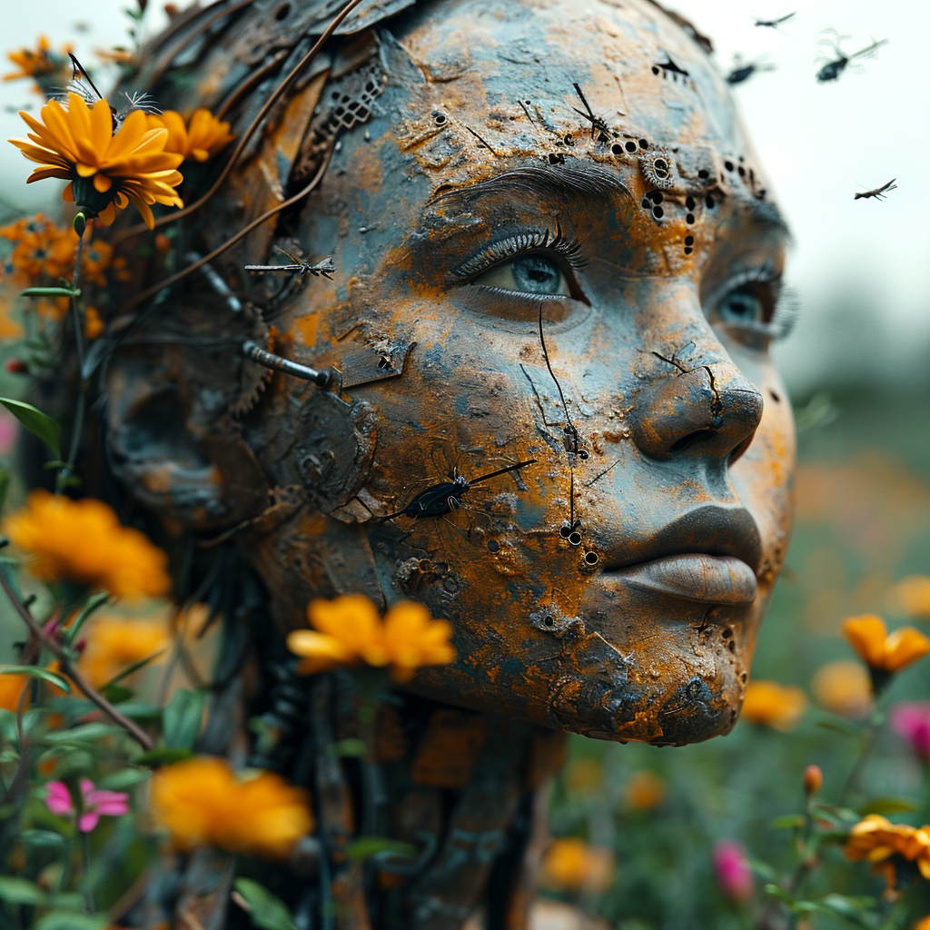 4. Image of a rusty cyborg bride surrounded by flowers