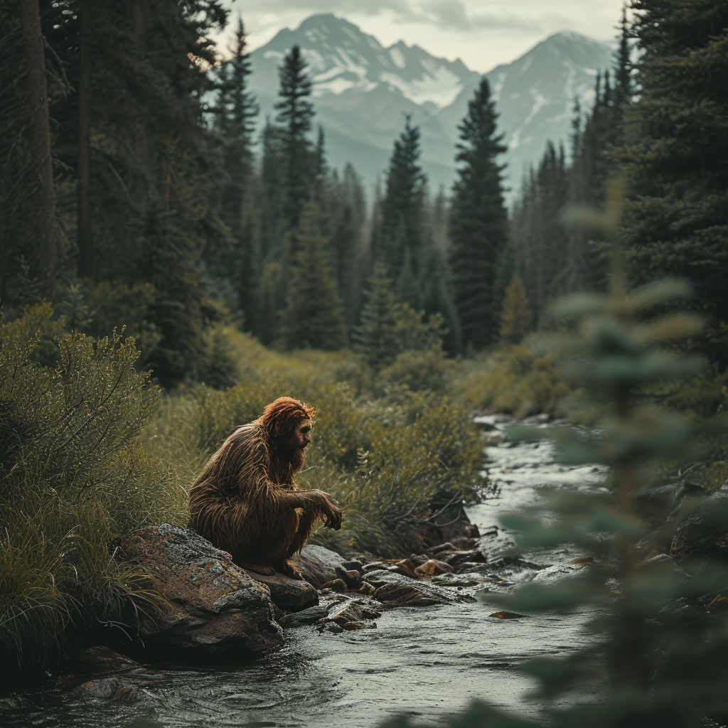 4.  Sasquatch observing fish in mountain stream