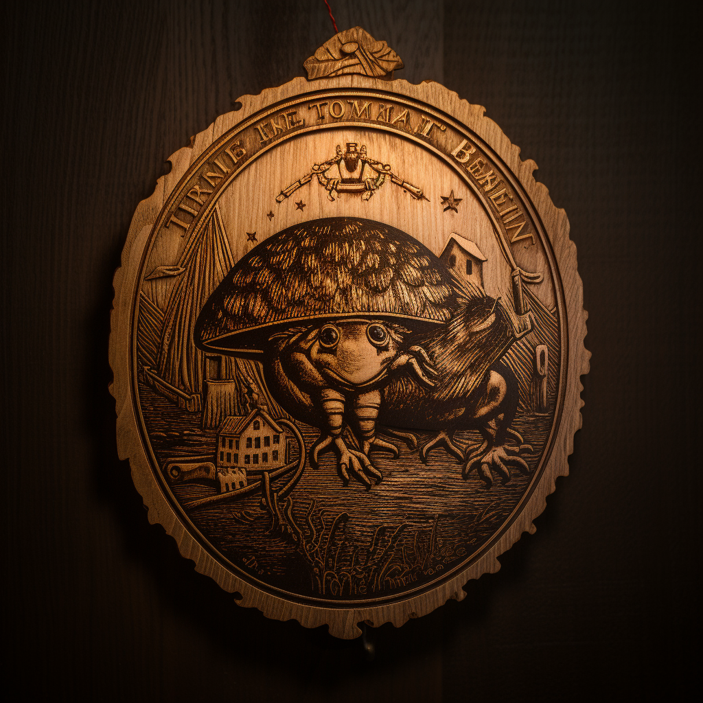 4. Image of a wooden tavern sign with an etching of a pillbug on a mushroom