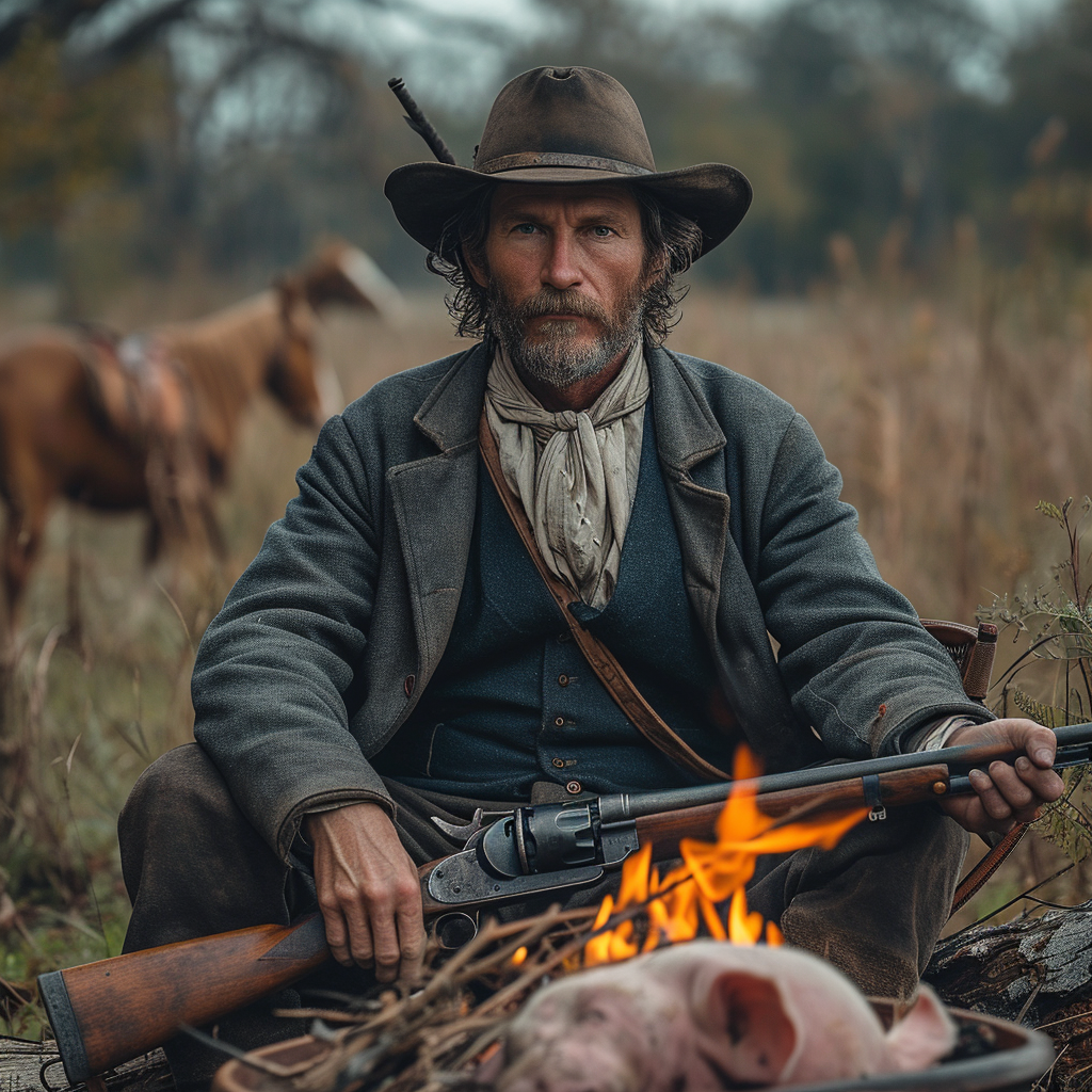 1800s Man with Winchester Rifle by Fire