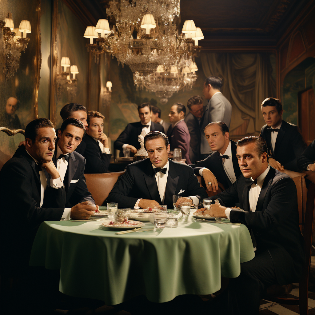 1950s table with mobsters in Italian restaurant