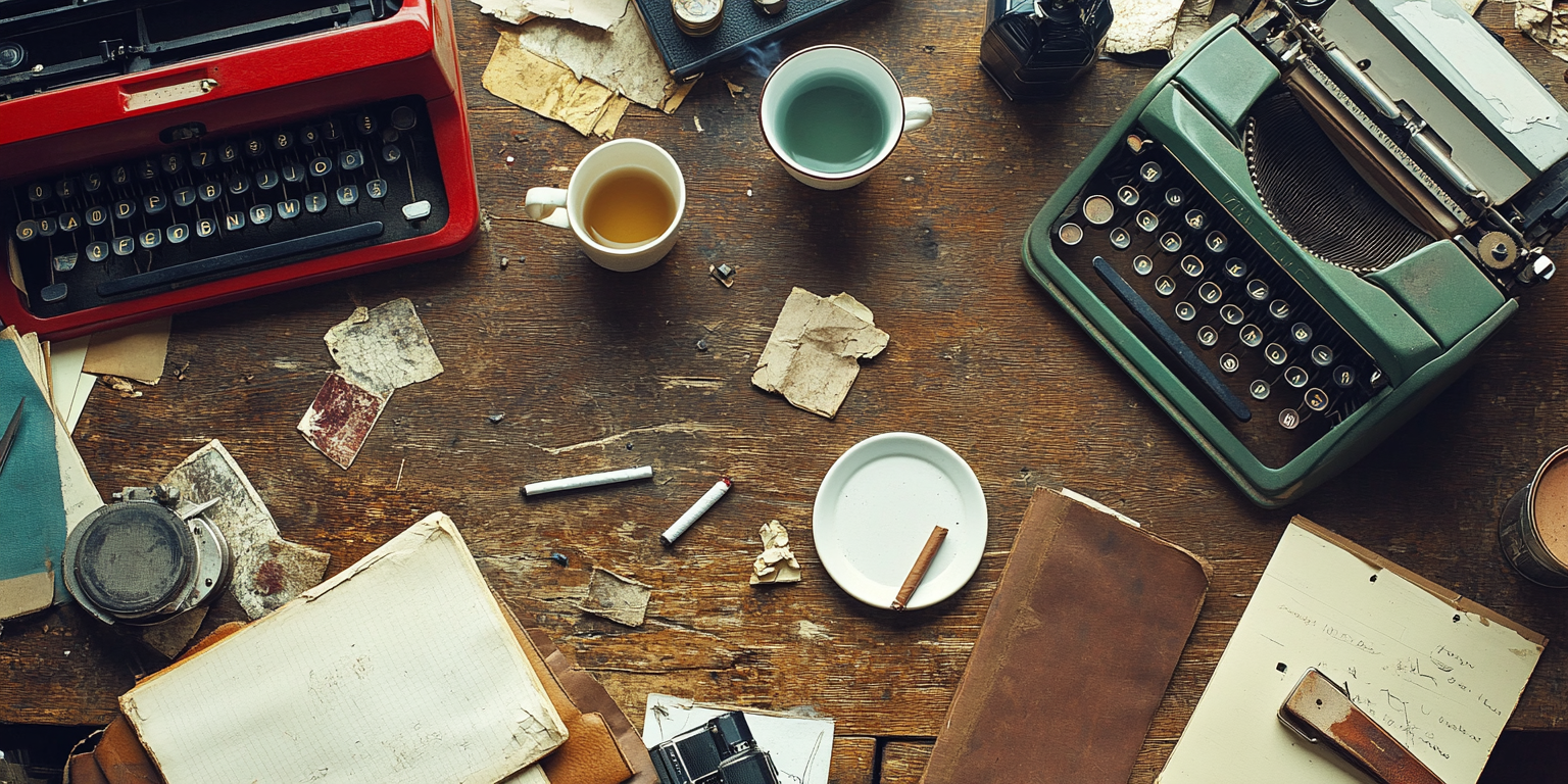 1970s Journalist Table with Coffee, Cigarettes, Typewriter 