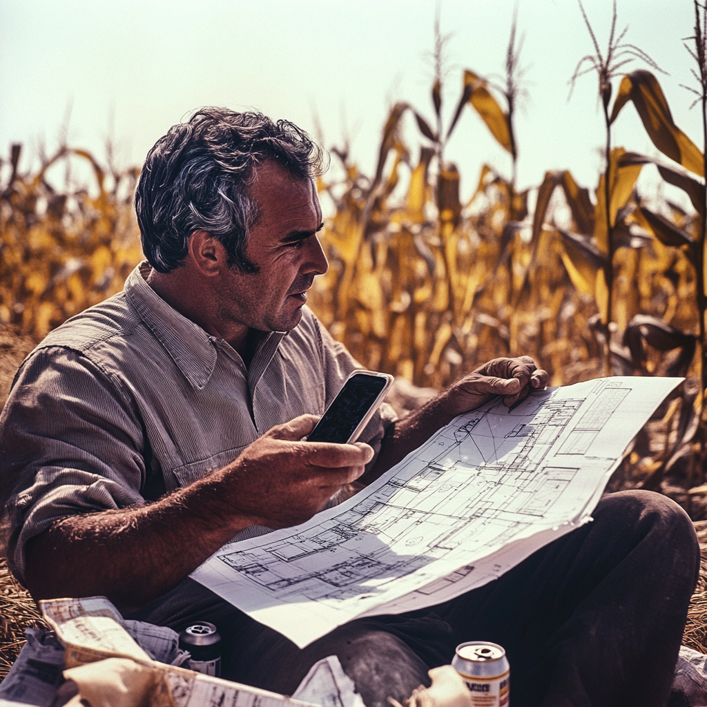 1970s Man Reading Construction Plans in Corn Field Vintage Portrait