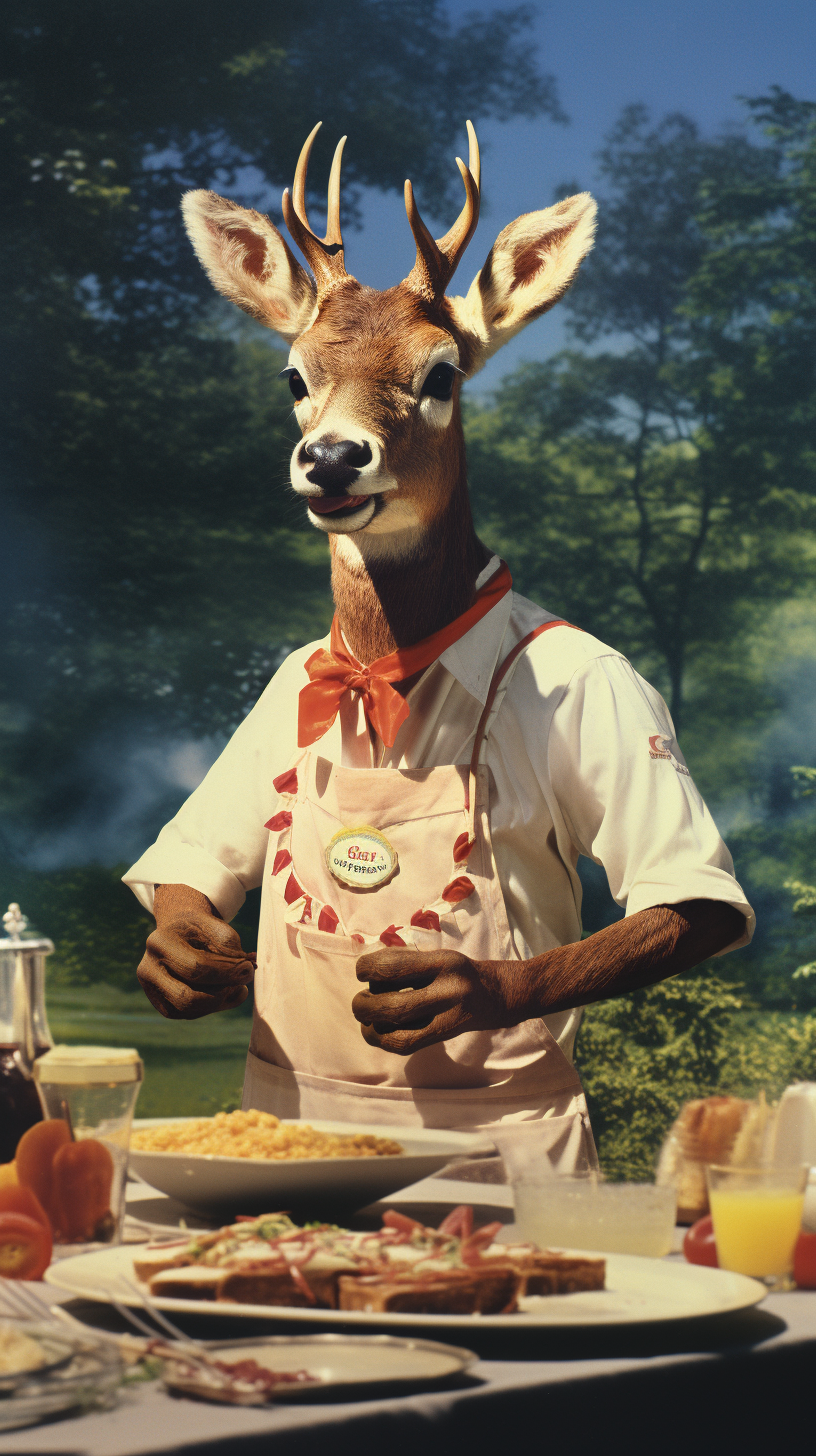 Anthropomorphic deer enjoying BBQ feast