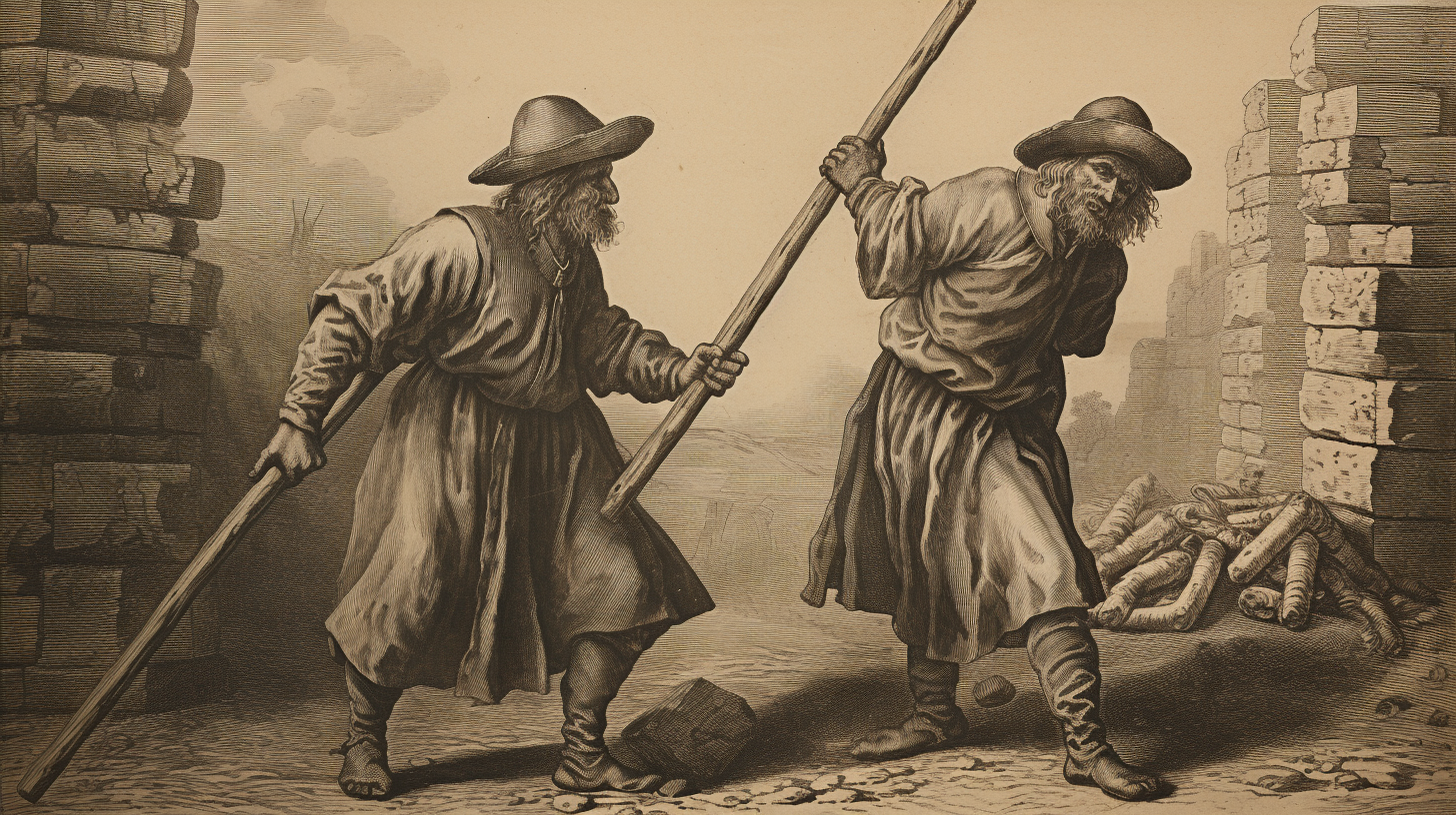 Two men pushing stone with pilgrim hats