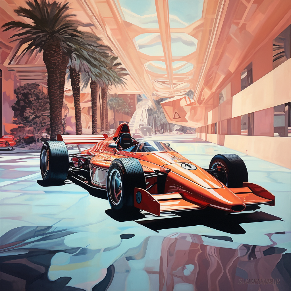 Hyperrealistic painting of a 2023 F1 car in Las Vegas