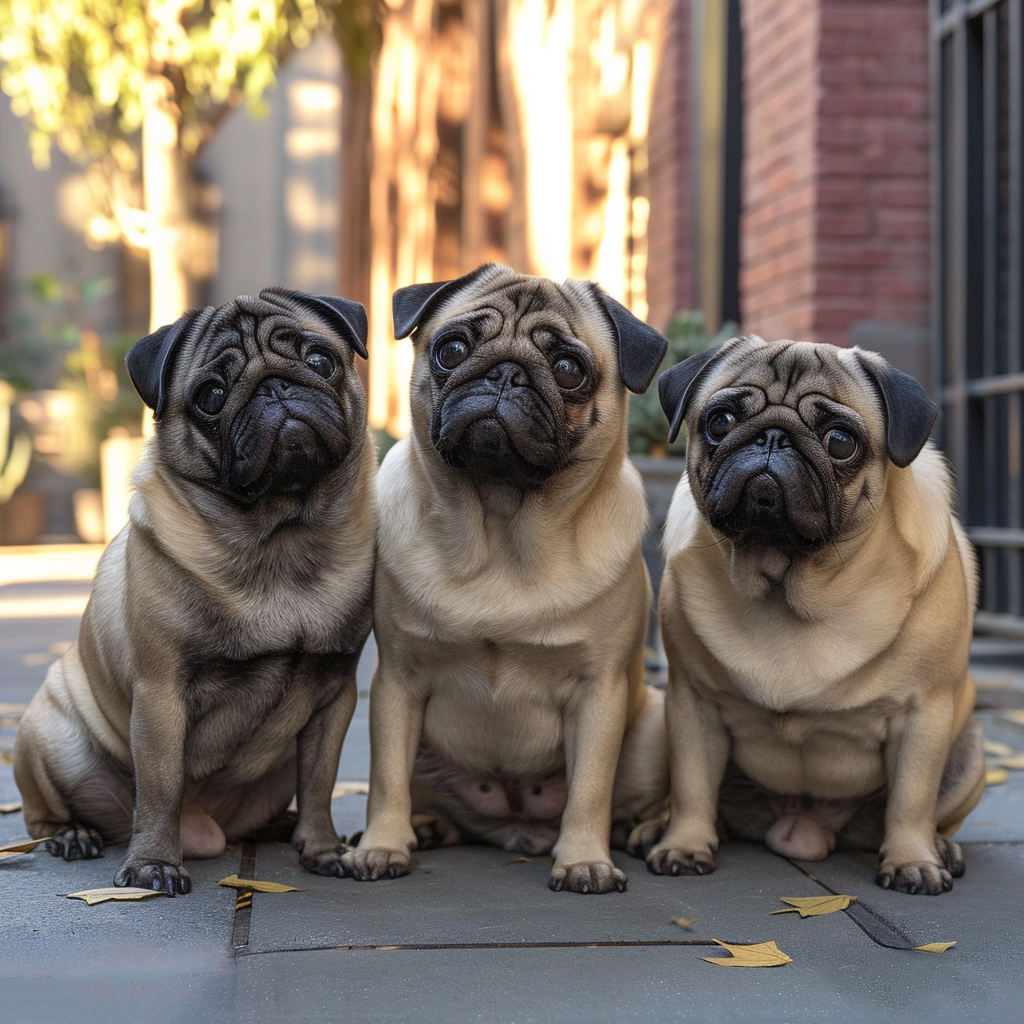 3 pugs sitting on sidewalk