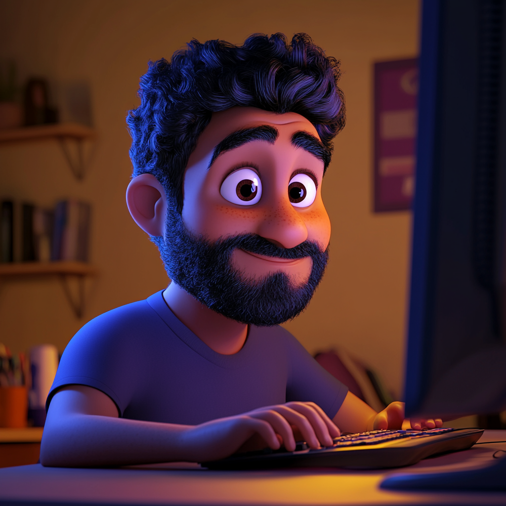 3D Pixar theme of happy Hispanic man working on computer.