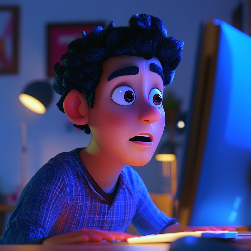 3D Pixar-themed art, Hispanic man working on computer.