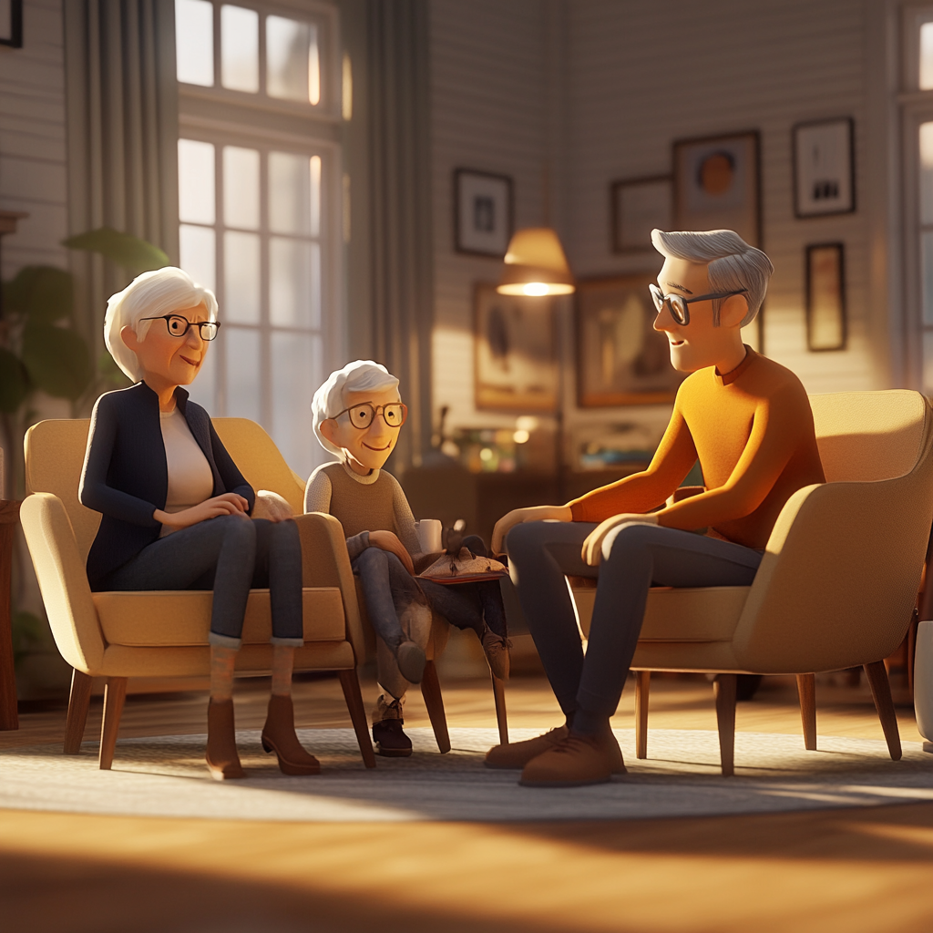 3D animation of cozy home with diverse people interacting.