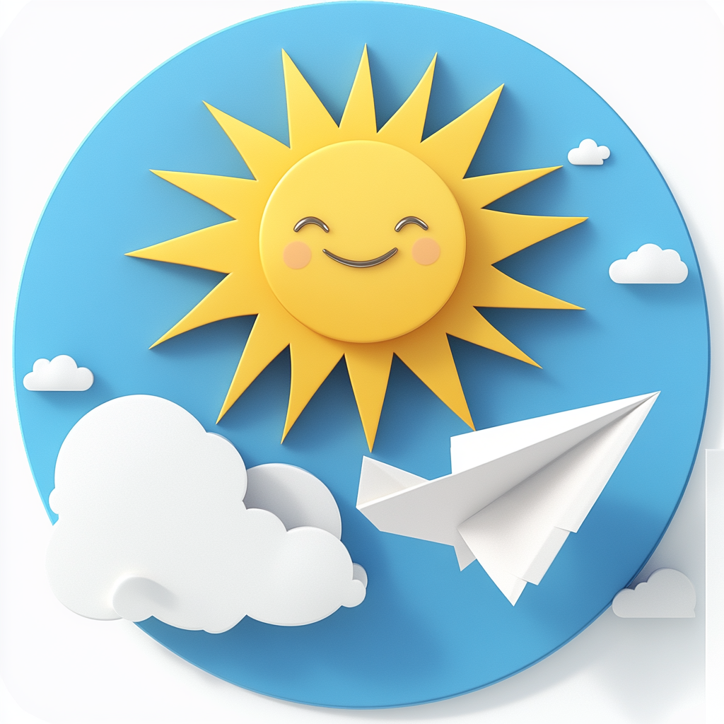 3D circular logo with smiley sun and paper airplane.