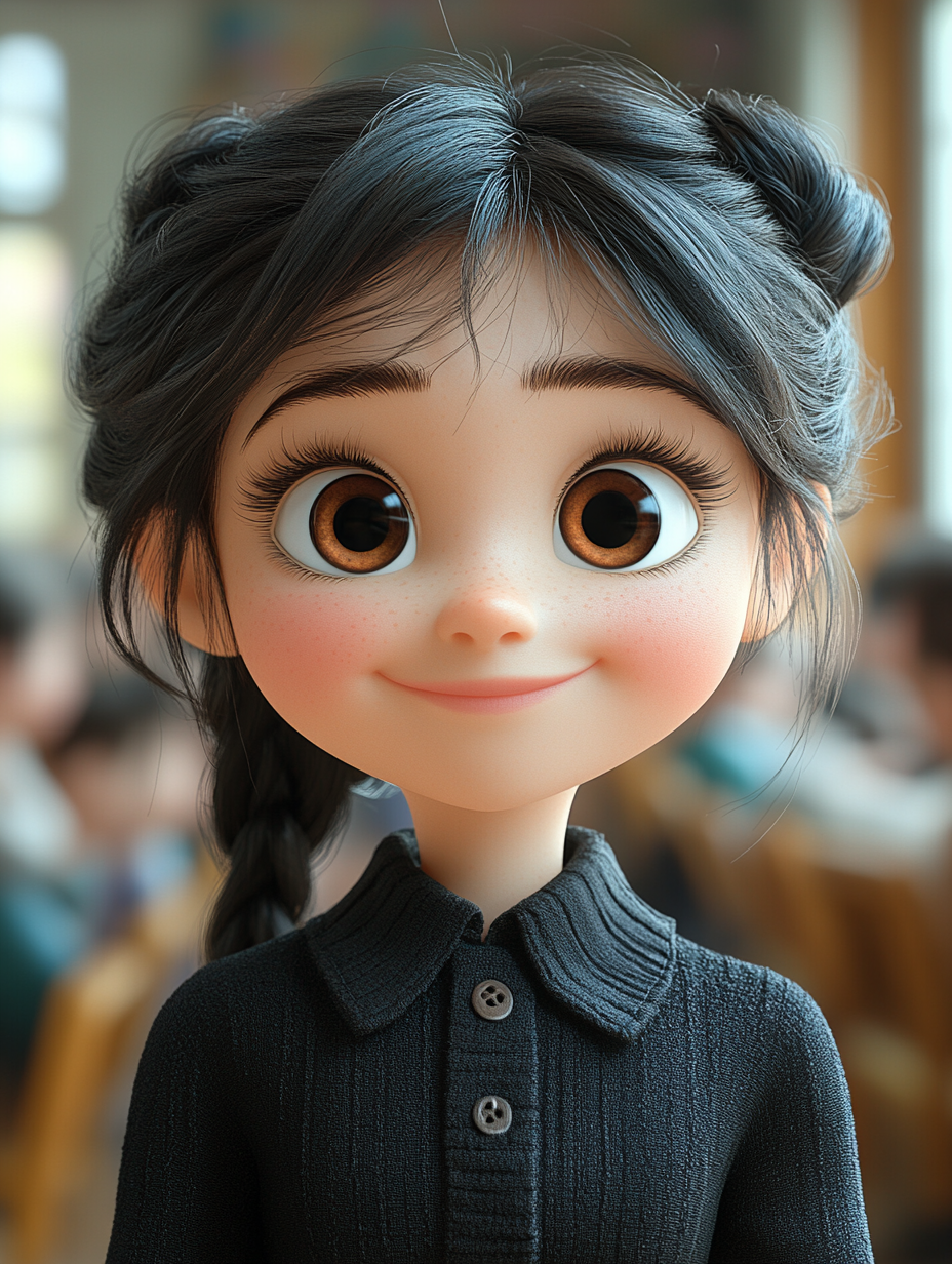 3D girl in black dress, smiling in classroom portrait.