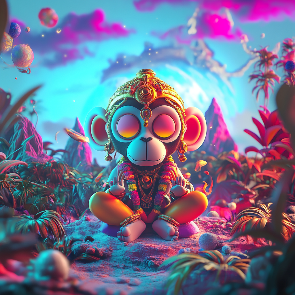 3D scene with vibrant background, Little Hanuman portrayed.