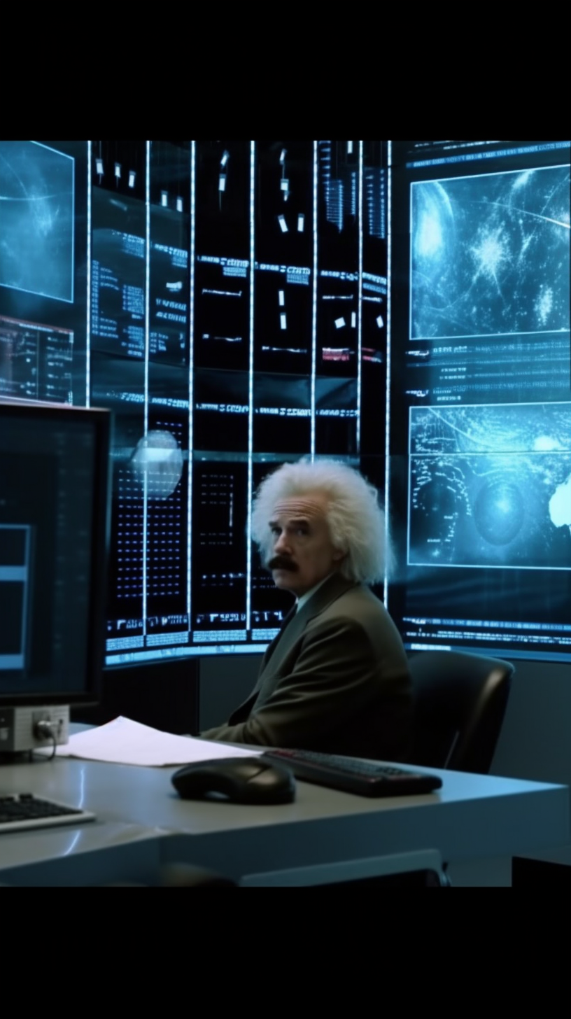 Einstein contemplating video buffering in digital analysis chamber