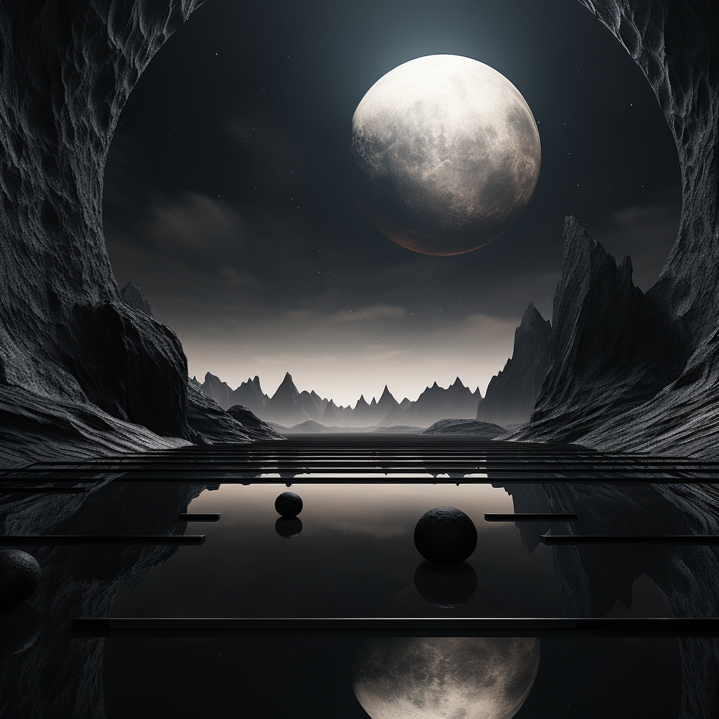 Serene 3D fantasy scene with minimalistic black design