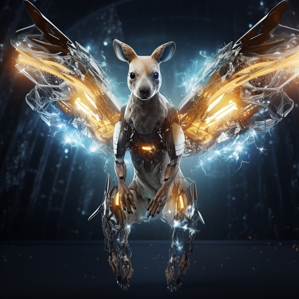 3D kangaroo with robotic exoskeleton and animated light particle wings