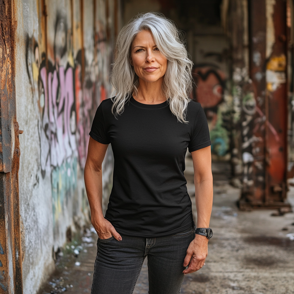 40-something woman wears full black blank t-shirt mockup