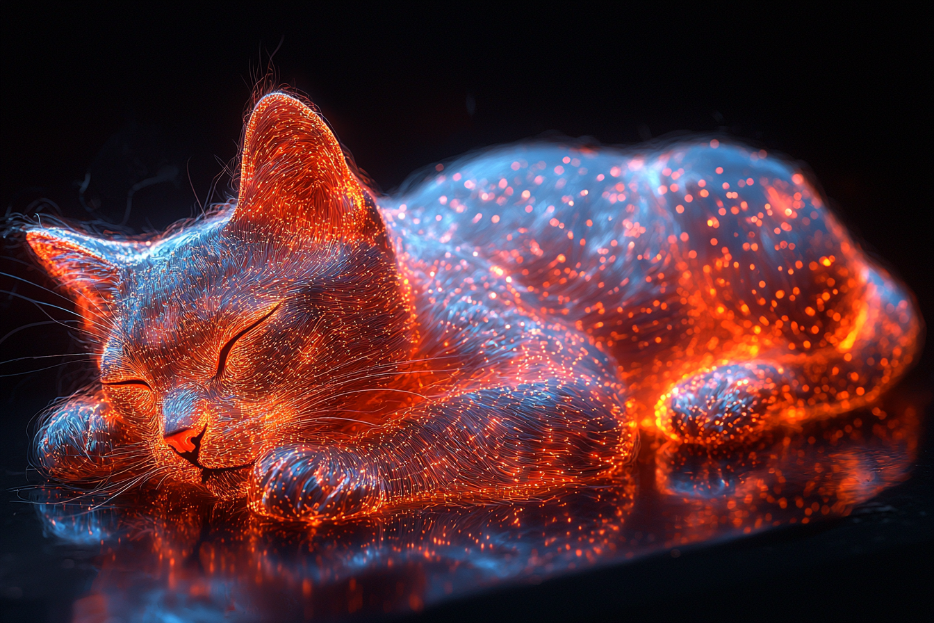 A 3D geometric neon cat in black void.