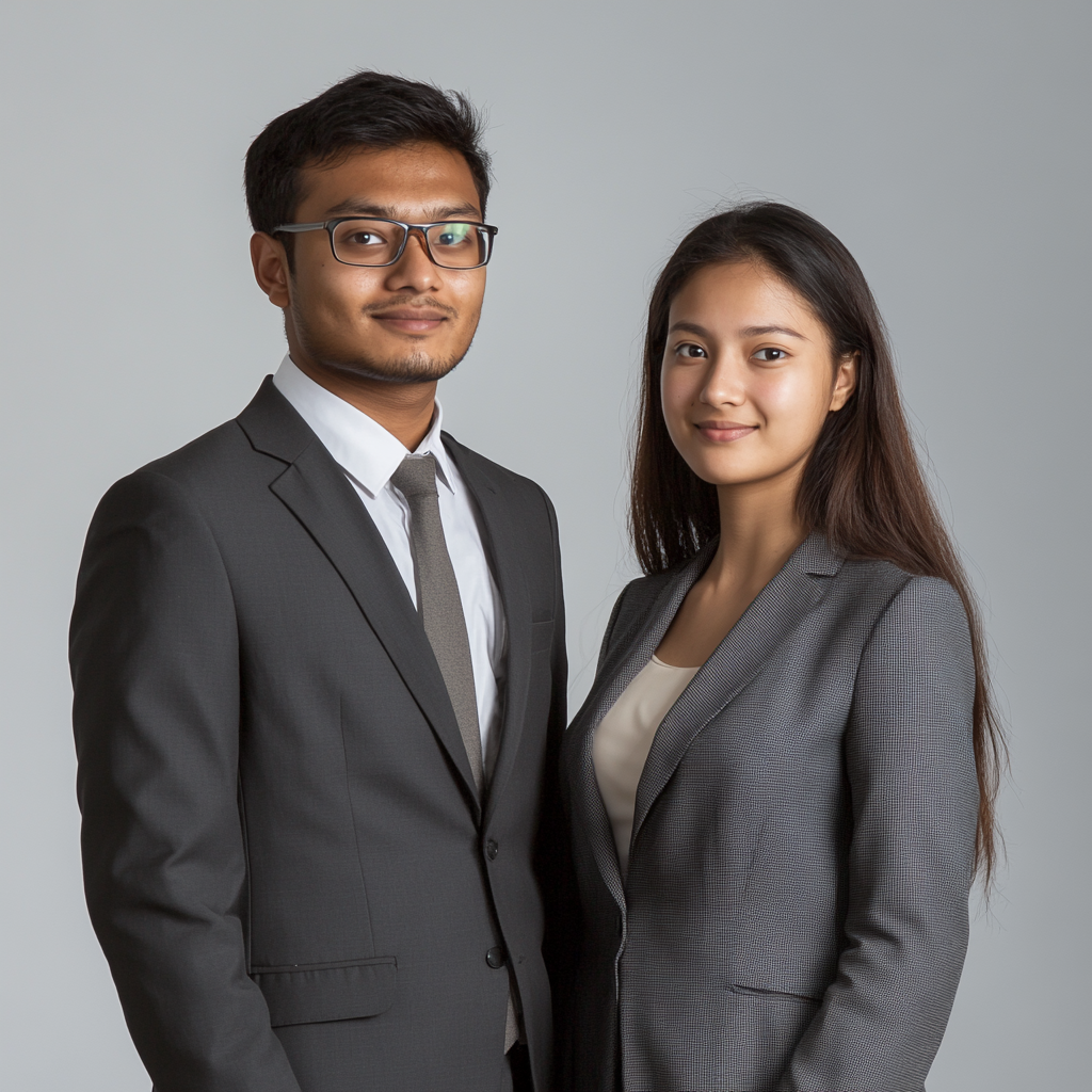 A Bangladeshi man and an Asian woman portrait.