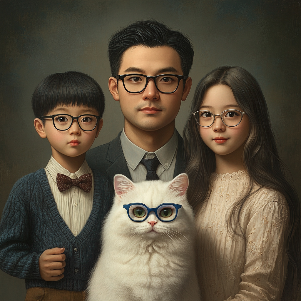 A Chinese family with two kids and a cat.