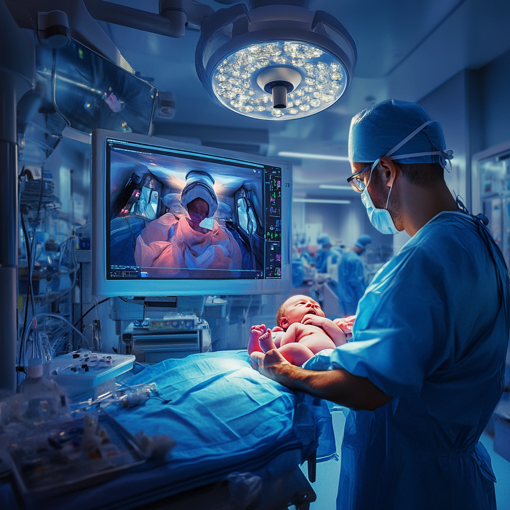 A baby sees doctor in modern operating room.