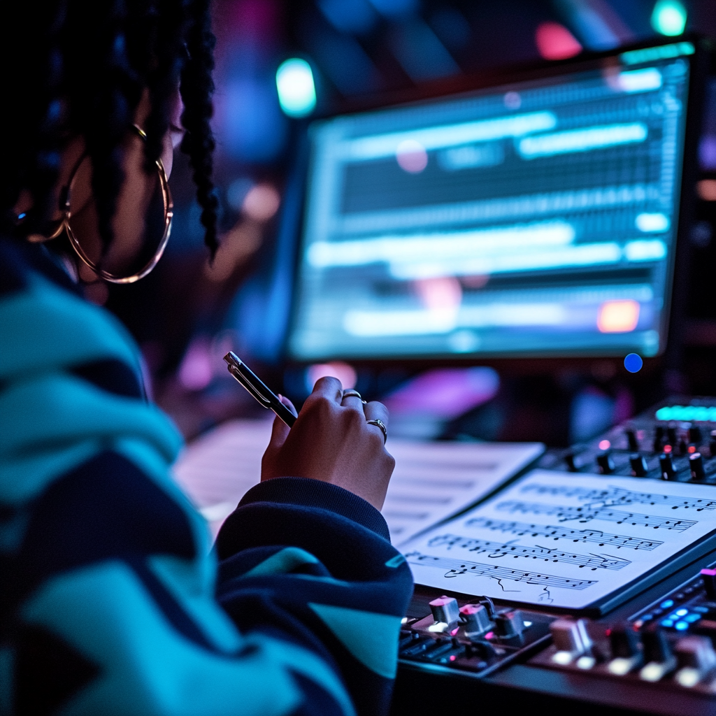 A black woman writing music at a producer's desk.