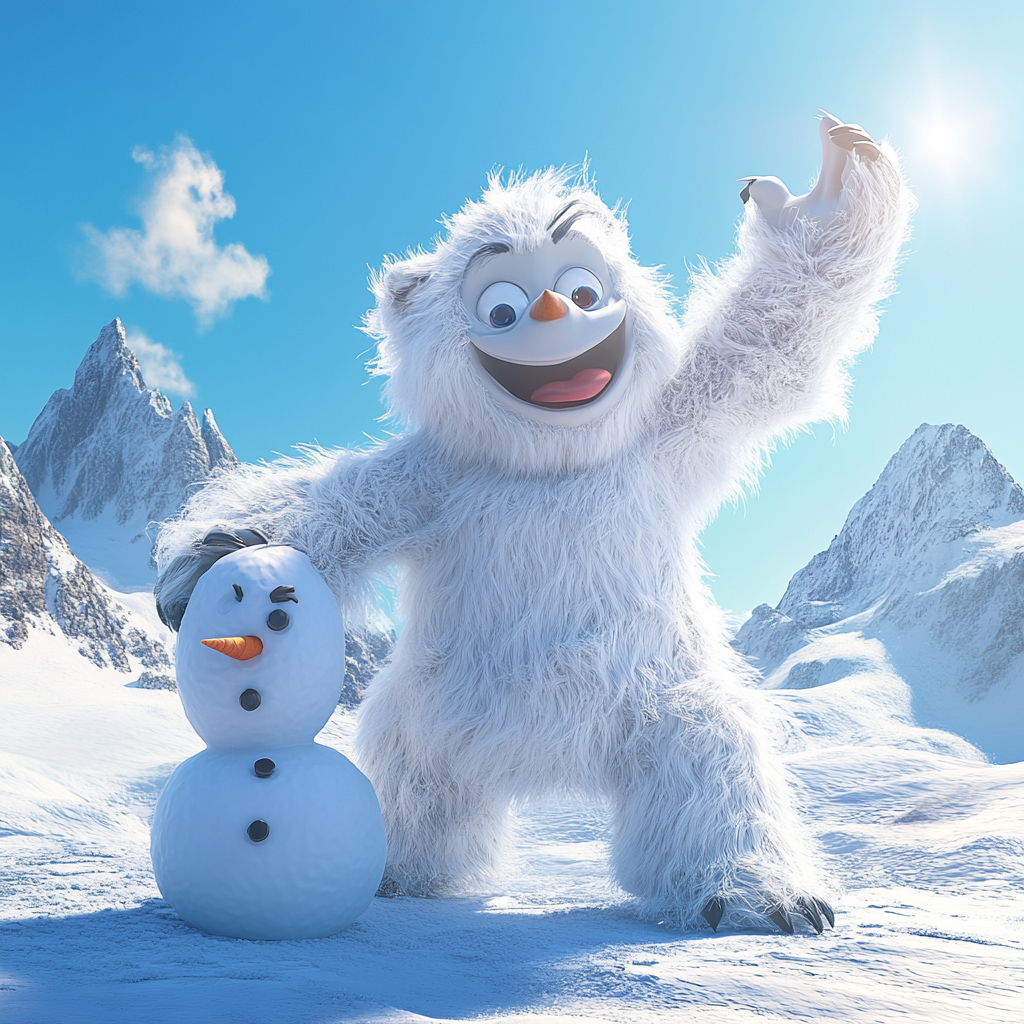 A cute yeti making a snowman in Himalayas.