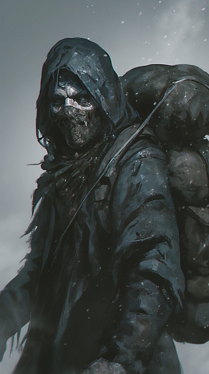 A decrepit man with tattered coat and hood.