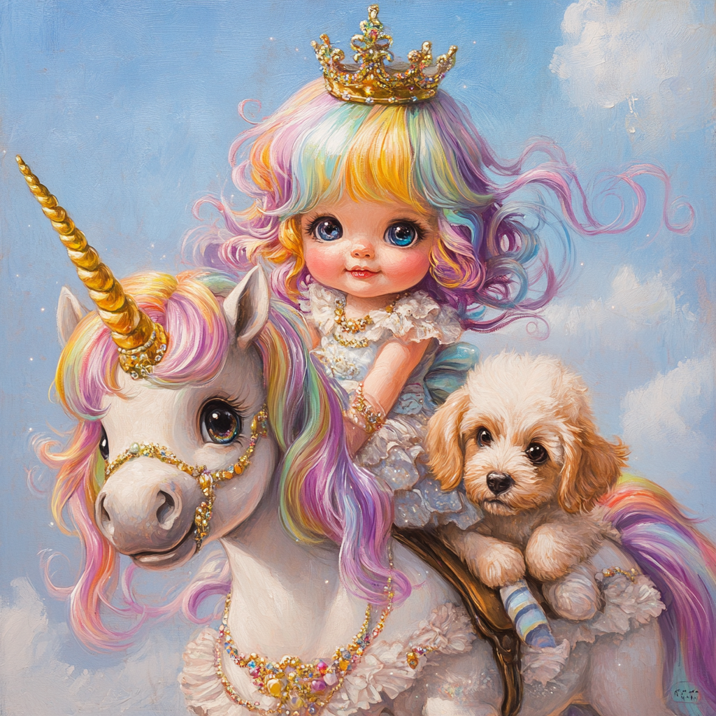 A girl, unicorn with rainbow hair, crown, dress, puppy