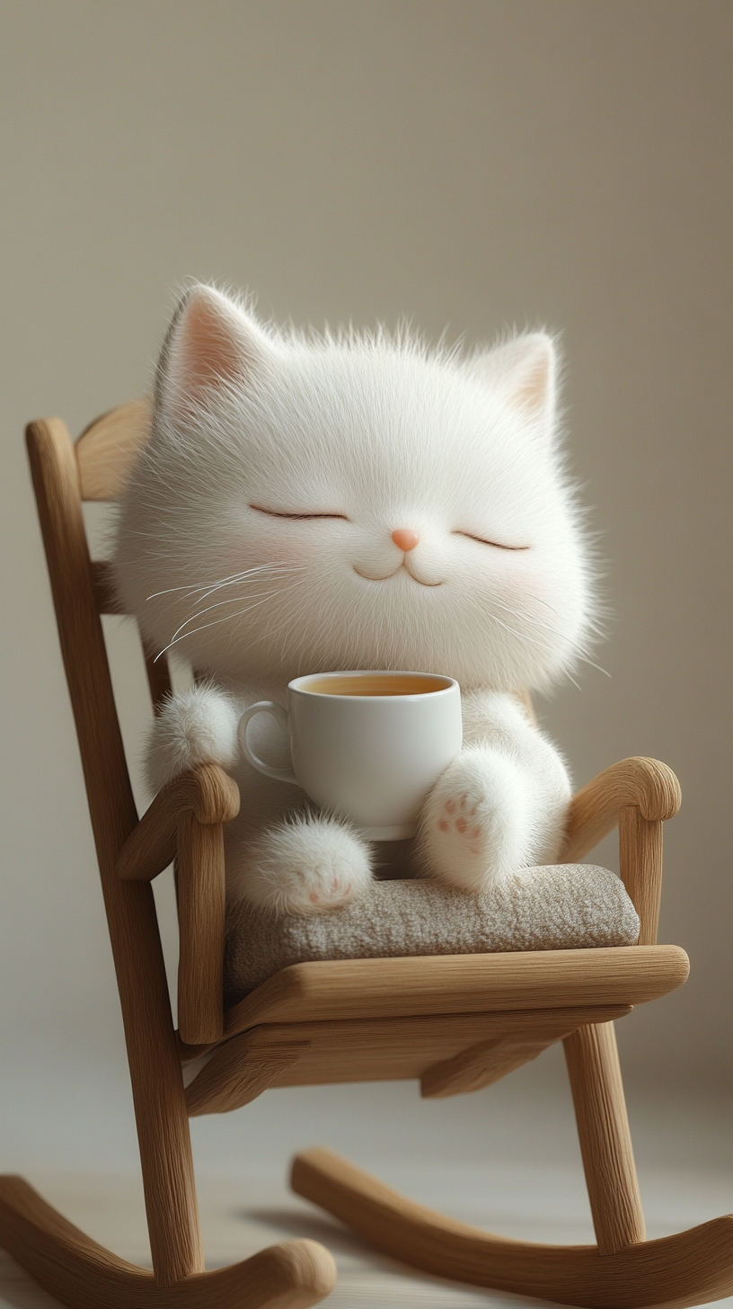 A happy cat enjoying tea in a cozy chair.