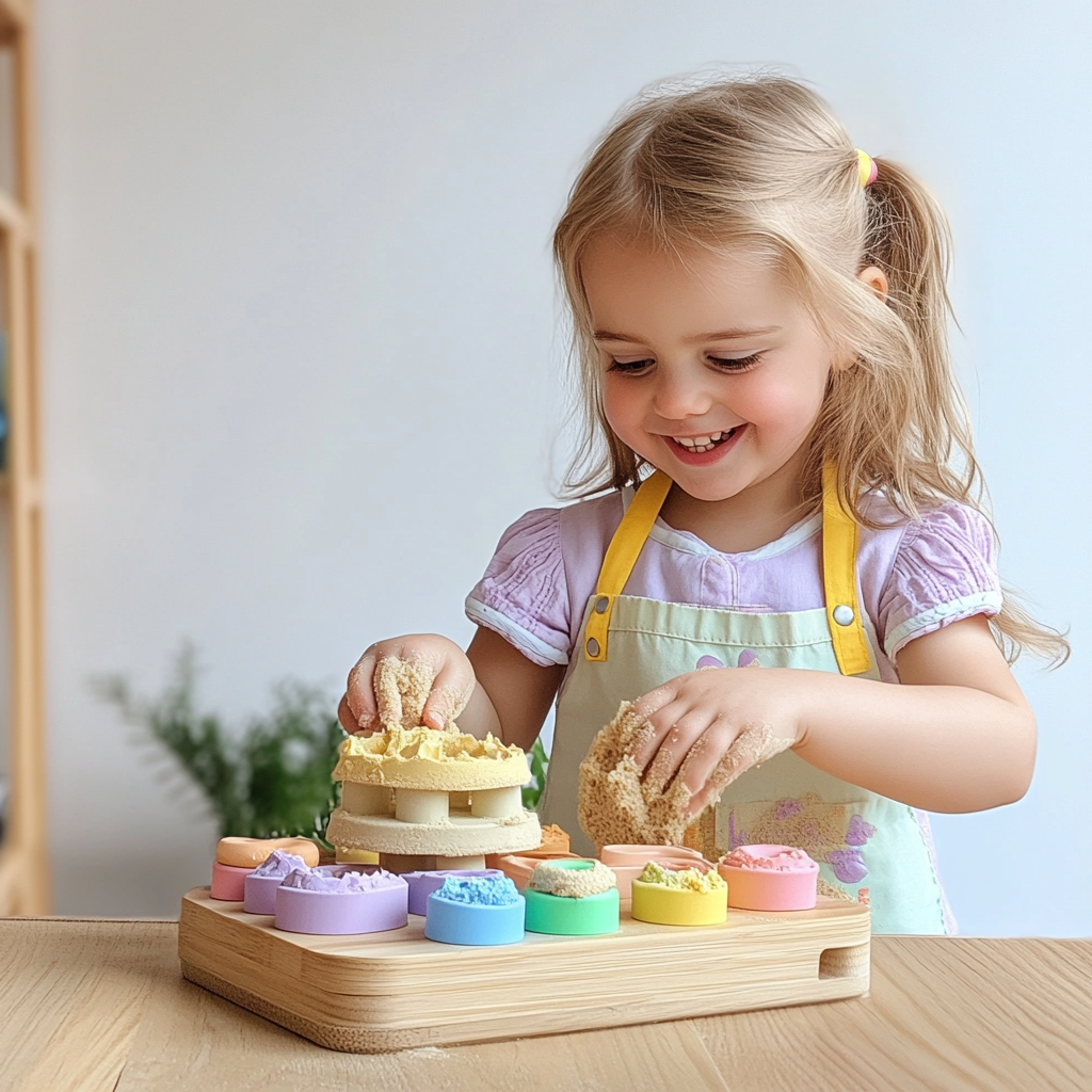 A little girl playing with pastel sand cake.