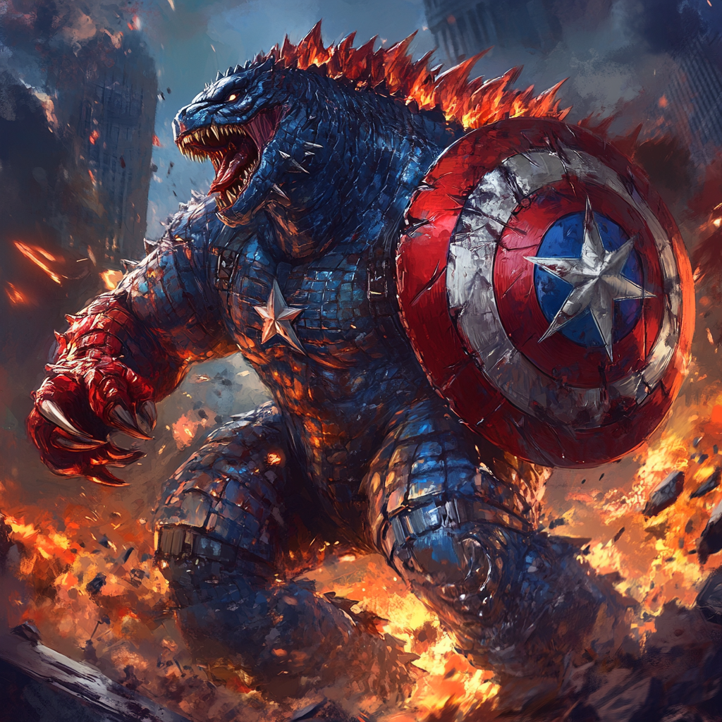 A monstrous mix of Captain America and Godzilla roars.