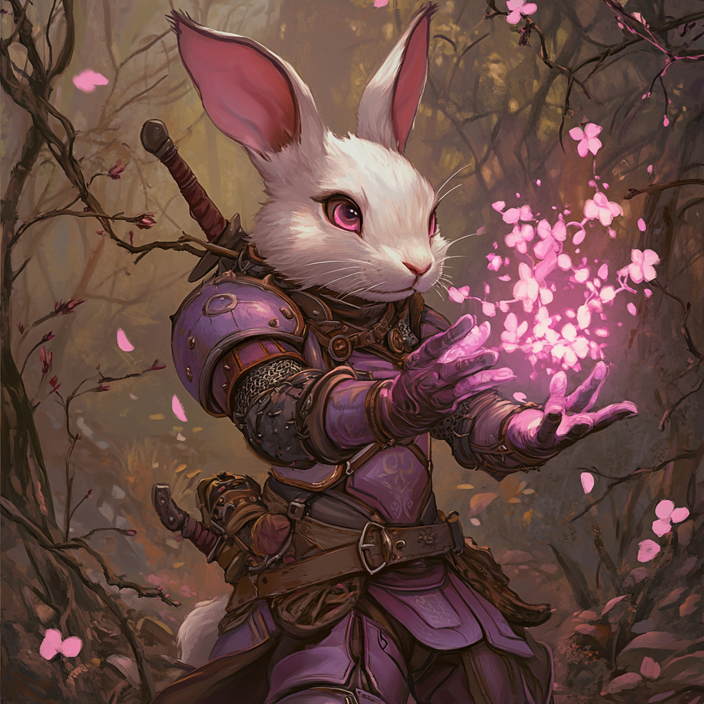 A rabbit girl casting pink blossom magic surrounded by brambles.