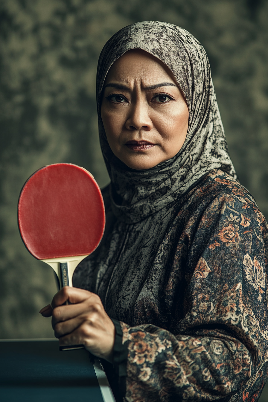 A serious Malay woman holding a table tennis racquet.