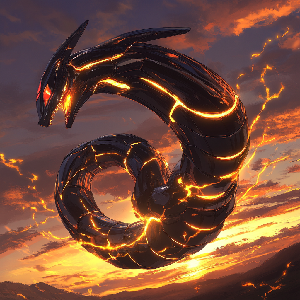 A shiny Rayquaza coils in the sky, glowing brightly.