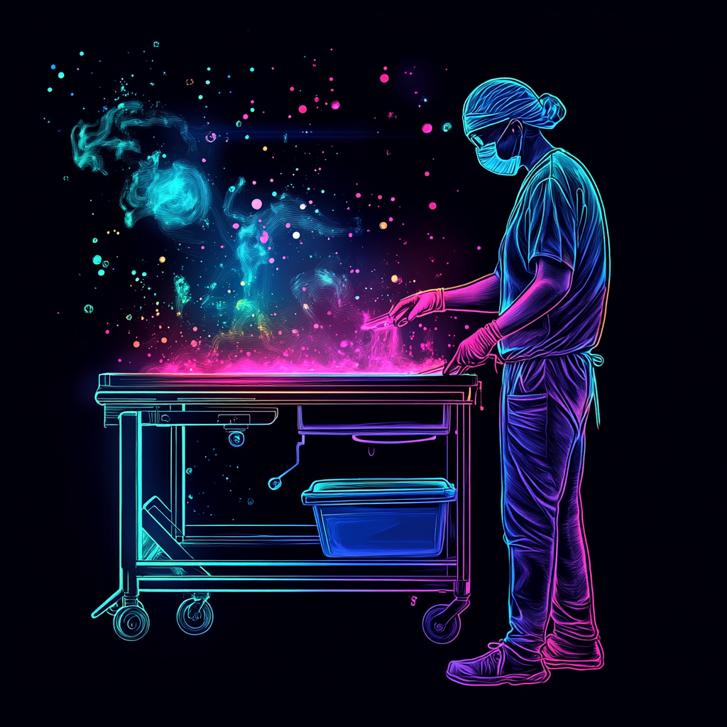 A sterile processing technician washing cart in neon water.