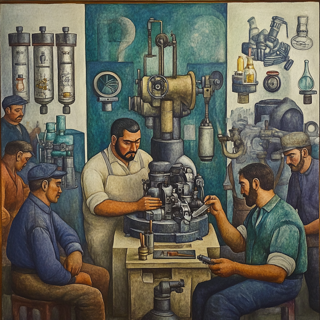 A themed painting by Diego Rivera featuring engineers at work.