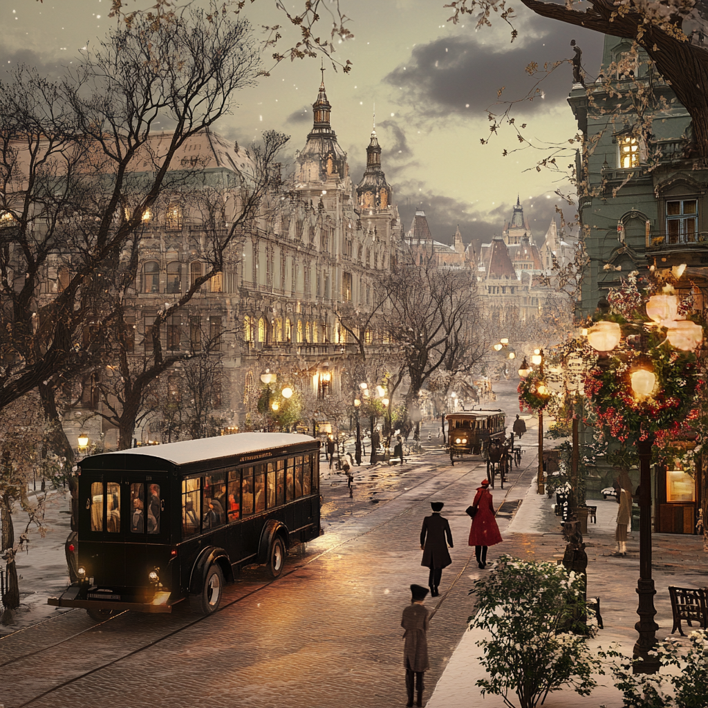 A vintage city scene with old buildings and cars.