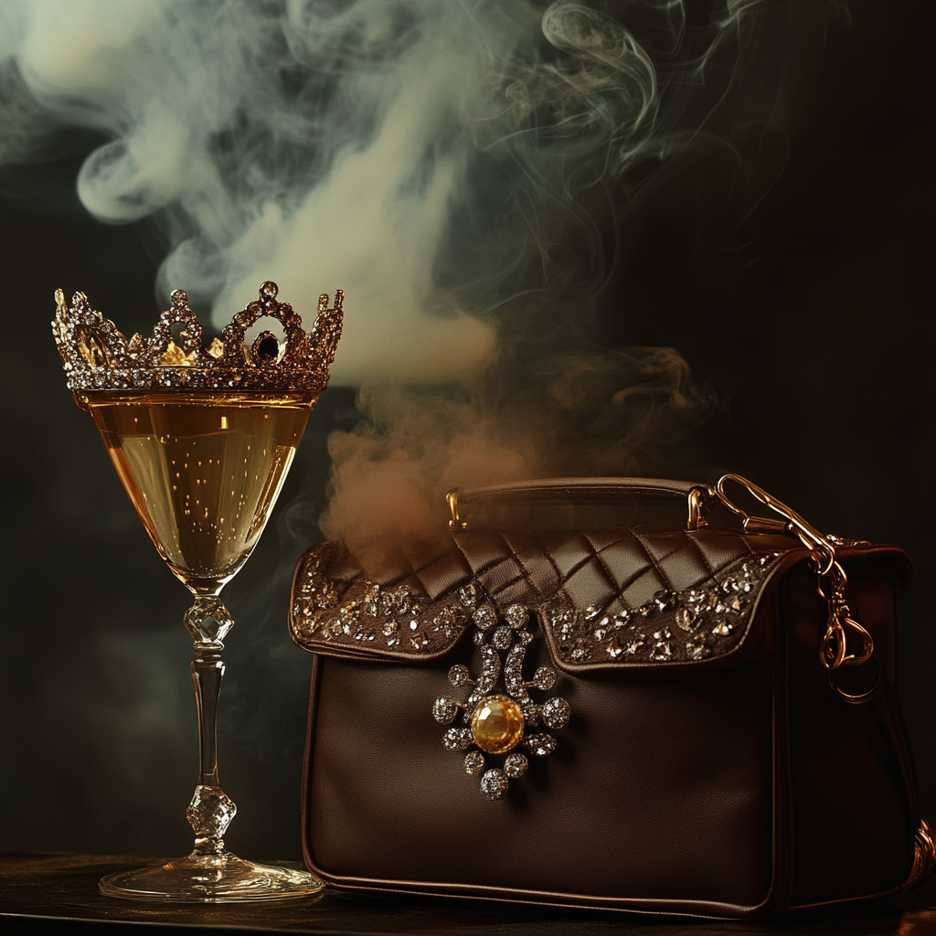 A vintage image of diamonds, gold crown, handbag, champagne.